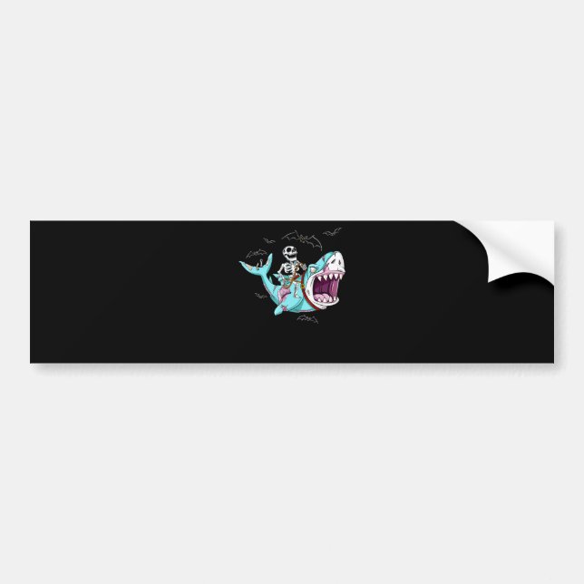 Skeleton Riding Zombie Shark Funny Halloween Gift Bumper Sticker (Front)