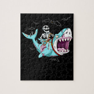 Skeleton Riding Zombie Shark Funny Halloween Gift Jigsaw Puzzle