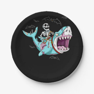 Skeleton Riding Zombie Shark Funny Halloween Gift Paper Plates