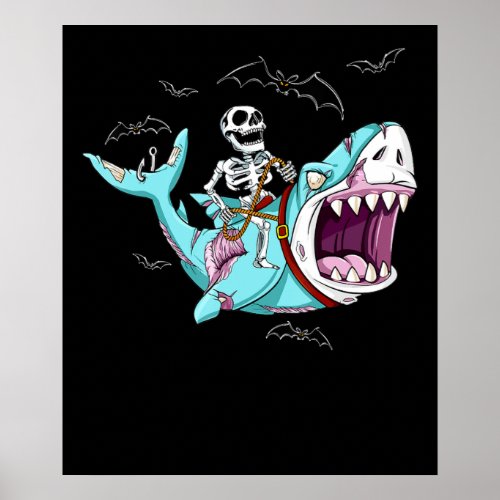 Skeleton Riding Zombie Shark Funny Halloween Gift Poster