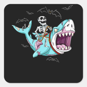 Skeleton Riding Zombie Shark Funny Halloween Gift Square Sticker