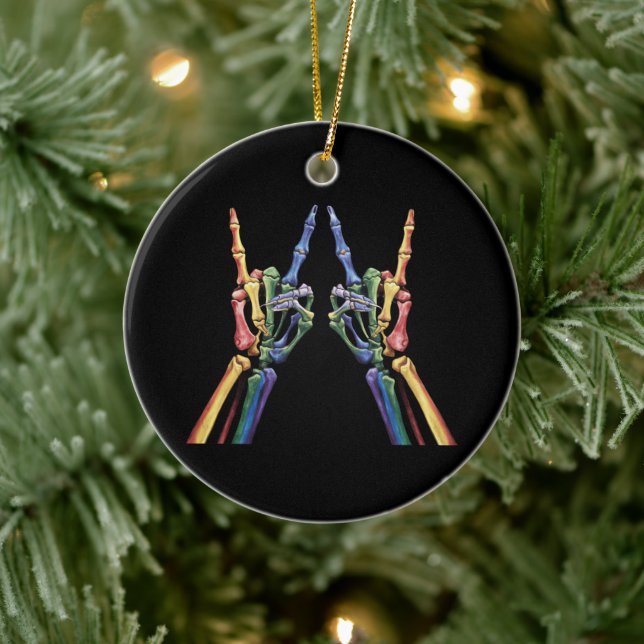 Skeleton Rock Hand LGBTQ Cool Rainbow Flag Gay  Ceramic Ornament (Tree)
