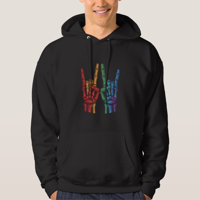 Skeleton Rock Hand LGBTQ Rainbow Flag Gay Pride  Hoodie (Front)