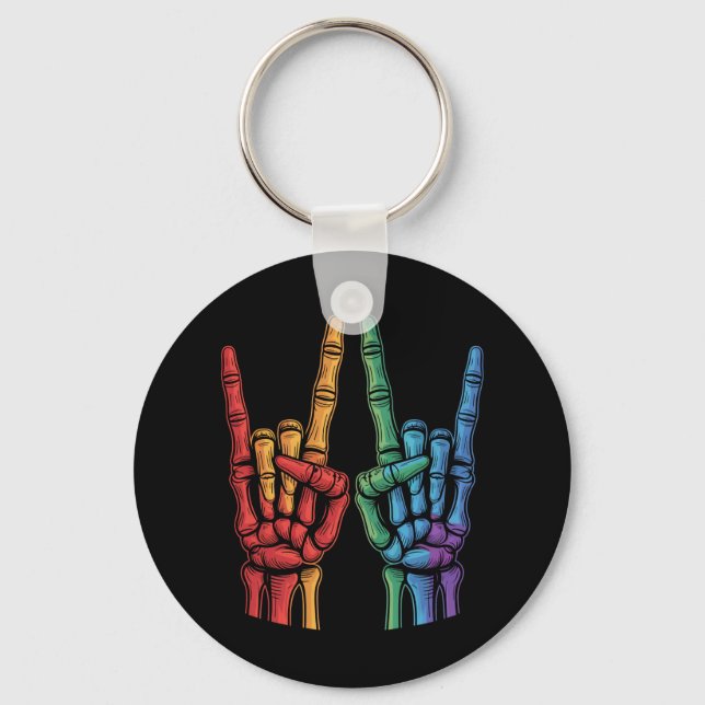 Skeleton Rock Hand LGBTQ Rainbow Flag Gay Pride  Keychain (Front)