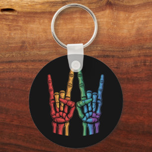 Skeleton Rock Hand LGBTQ Rainbow Flag Gay Pride Keychain