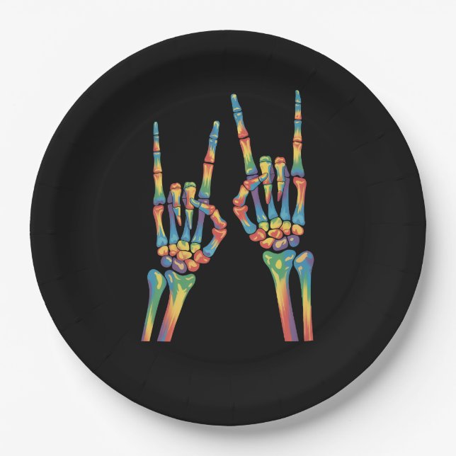 Skeleton Rock Hand Rainbow LGBTQ Gay Lesbian Pride Paper Plates (Front)