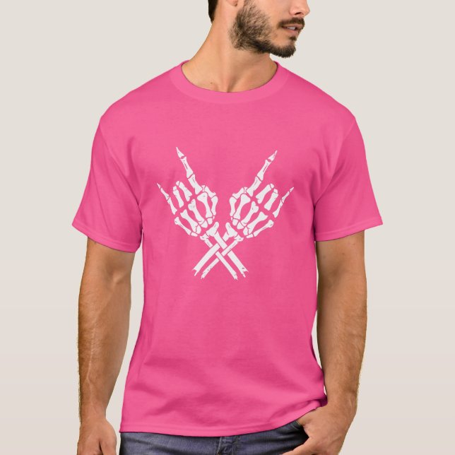 Skeleton Rock Horns Hand Symbol Gesture T-Shirt (Front)