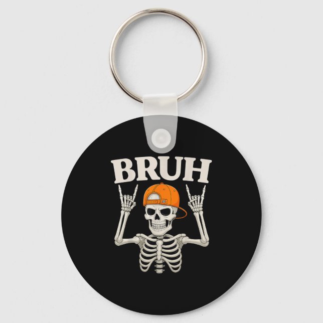 Skeleton Rock On Bruh Halloween For Mens Boys Kids Keychain (Front)