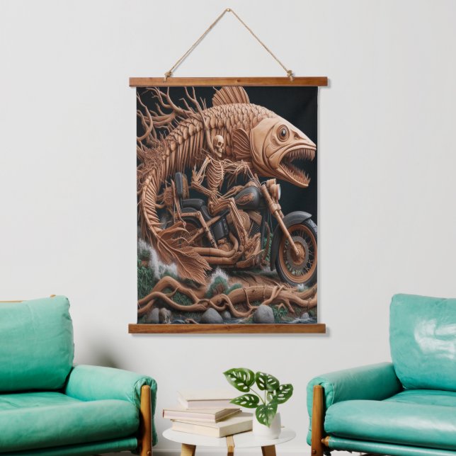 skeleton rode his chopper bike down trail hanging tapestry (Living Room)