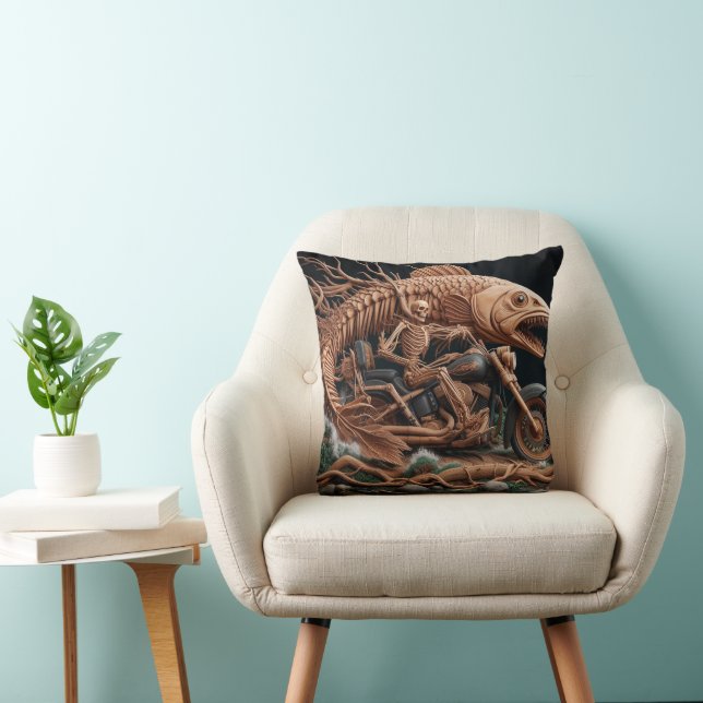 skeleton rode his chopper bike down trail throw pillow (Chair)