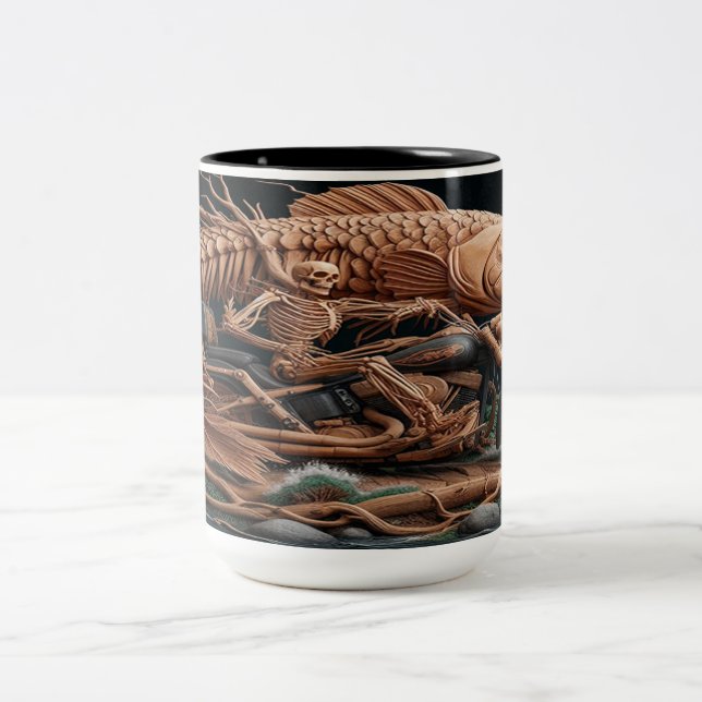 skeleton rode his chopper bike down trail Two-Tone coffee mug (Center)