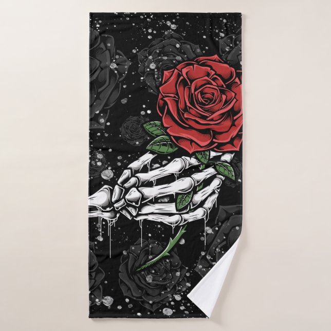 Skeleton Rose Offering Silver Black Gothic Glam Bath Towel Set (Bath Towel)
