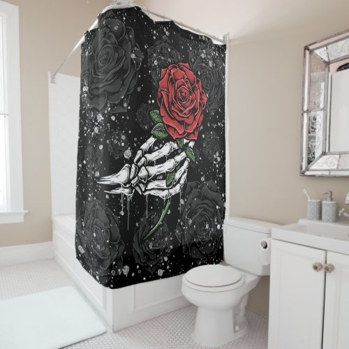 Skeleton Rose Offering Silver Black Gothic Glam Shower Curtain