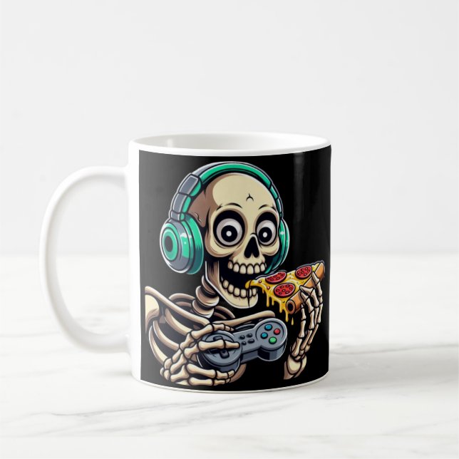Skeleton’s Ultimate Cheat Day: Cheesy Pizza Gaming Coffee Mug (Left)
