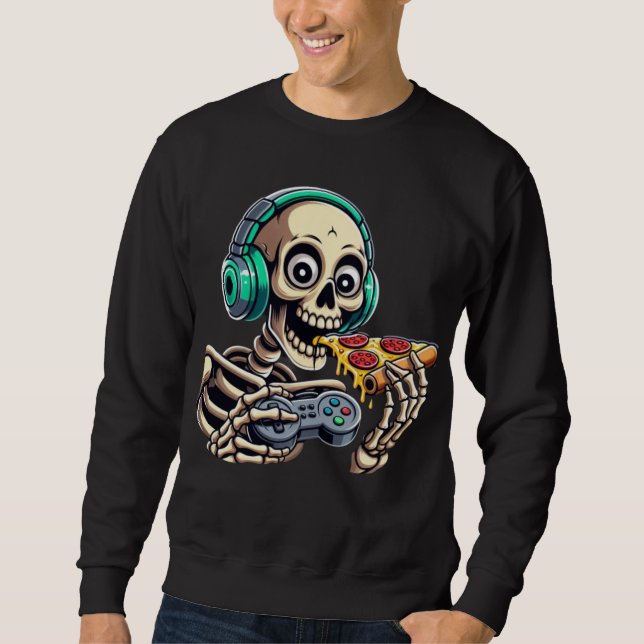 Skeleton’s Ultimate Cheat Day: Cheesy Pizza Gaming Sweatshirt (Front)