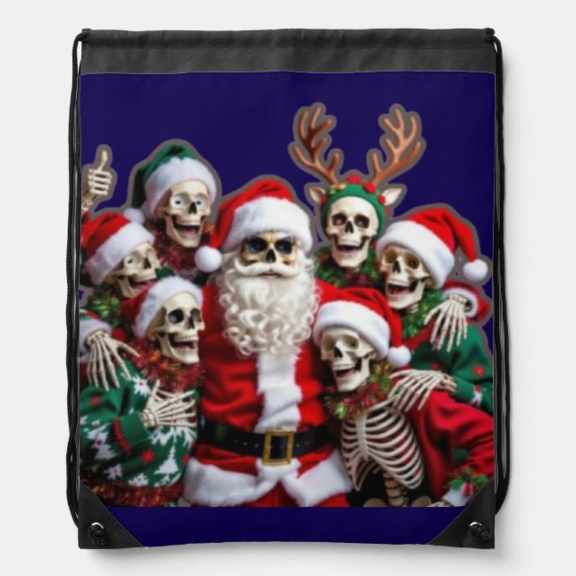 Skeleton Santa Christmas Group Photo – Festive 3D  Drawstring Bag (Front)
