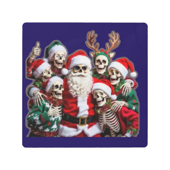 Skeleton Santa Christmas Group Photo – Festive 3D  Metal Print (Front)