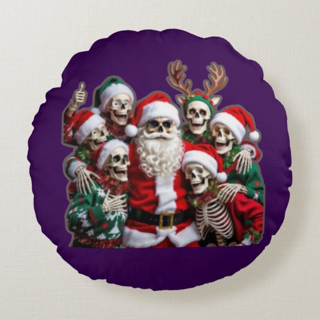 Skeleton Santa Christmas Group Photo – Festive 3D  Round Pillow (Front)