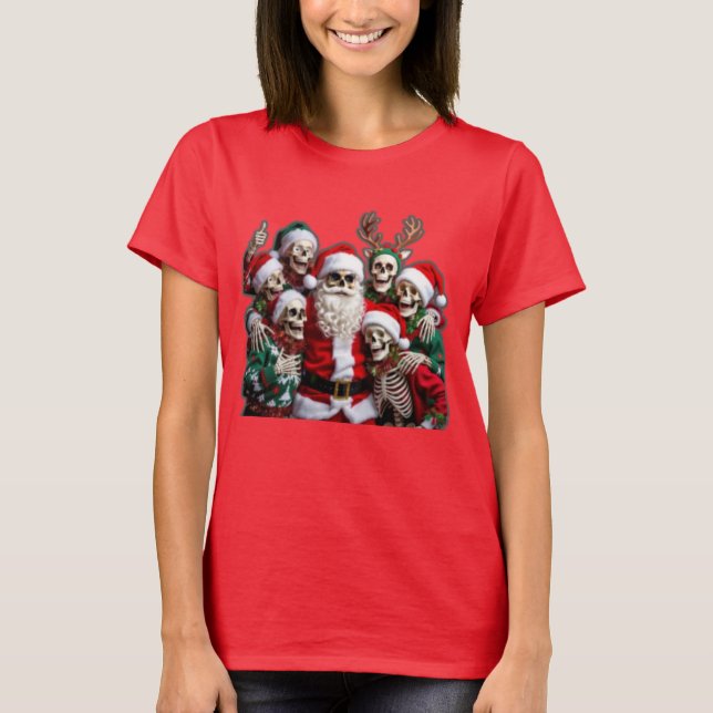 Skeleton Santa Christmas Group Photo – Festive 3D  T-Shirt (Front)