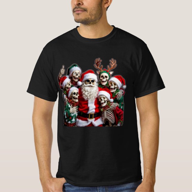 Skeleton Santa Christmas Group Photo – Festive 3D  T-Shirt (Front)