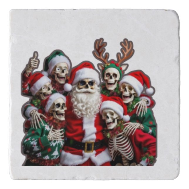 Skeleton Santa Christmas Group Photo – Festive 3D  Trivet (Front)
