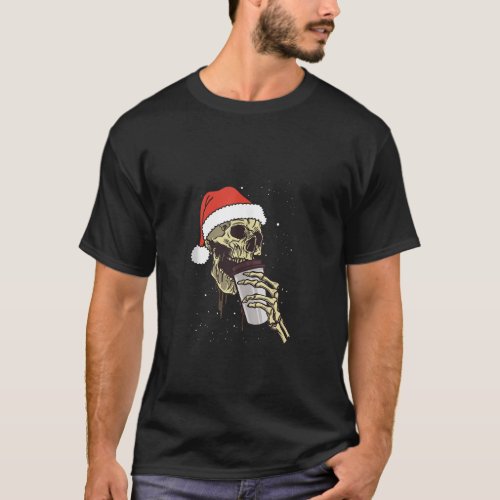 Skeleton Santa Claus Hat Drinking Coffee Funny Chr T_Shirt