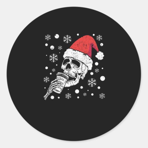 Skeleton Santa hat coffee drinking funny Classic Round Sticker