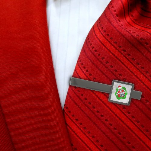 Skeleton Santa Hat Holding Ornaments Vibrant Splat Gunmetal Finish Tie Bar