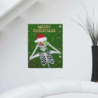 Skeleton Santa Hat Ornament Eyes Gold Stars Green Faux Canvas Print