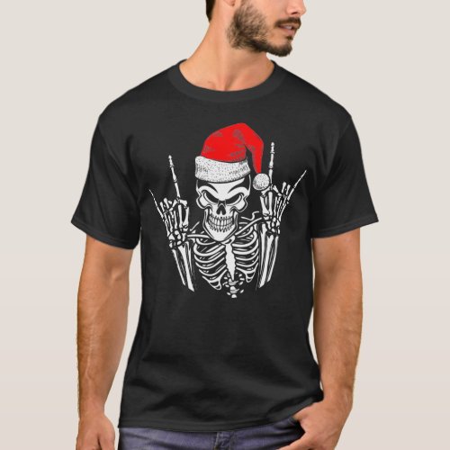 Skeleton Santa Hat Rock And Roll Hand Cool Christm T_Shirt