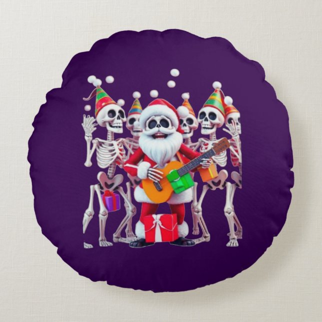 **Skeleton Santa Party – Funny 3D Christmas Skelet Round Pillow (Front)