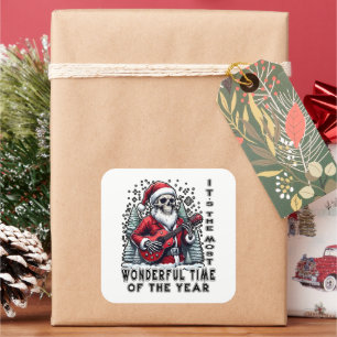 Skeleton Santa Playing Guitar Christmas Square Sticker