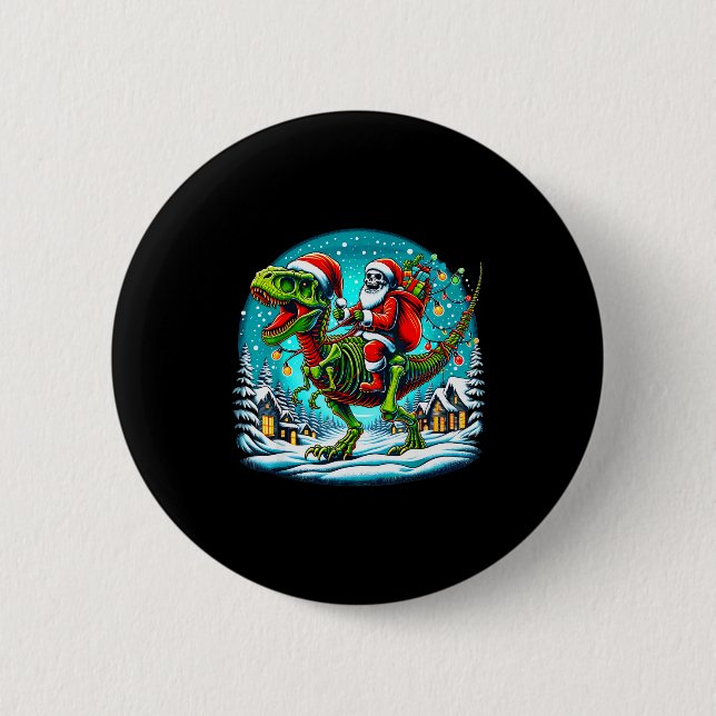 Skeleton Santa Riding T Rex Dinosaur Funny Christm Button (Front)