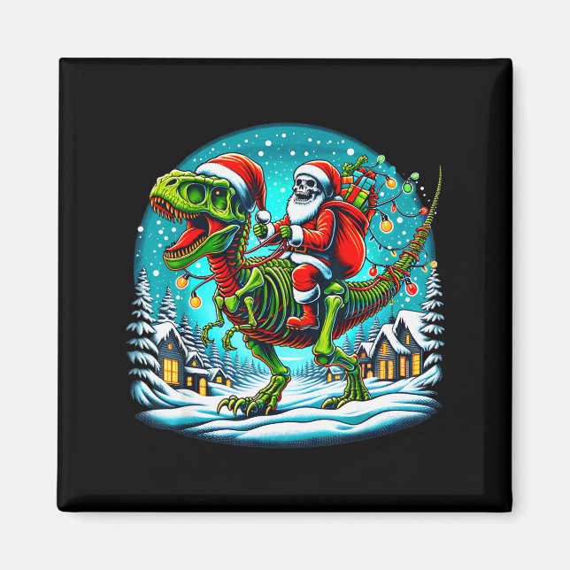 Skeleton Santa Riding T Rex Dinosaur Funny Christm Magnet (Front)