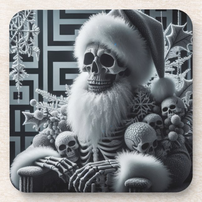 Skeleton Santa Skull | Dark Gothic Christmas Beverage Coaster (Front)