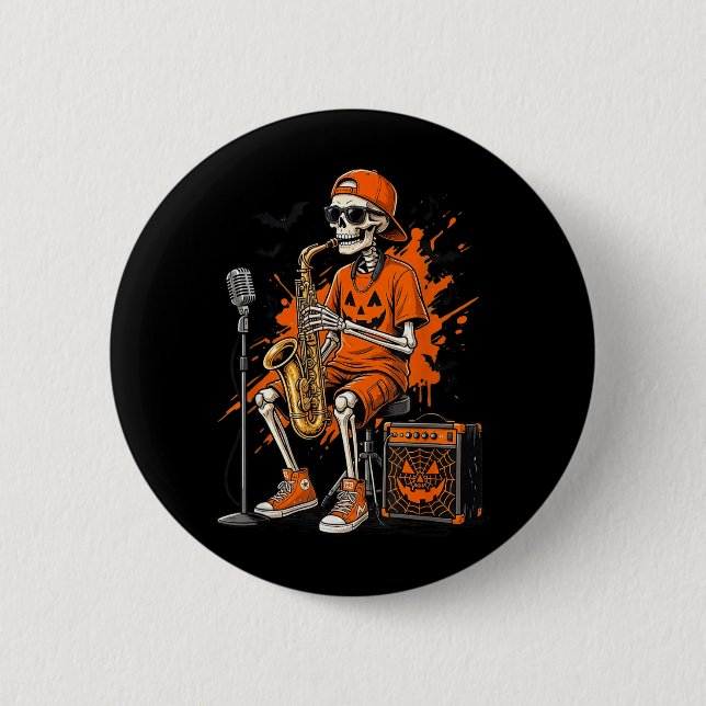 Skeleton Saxophone Halloween Funny Saxophonist Men Button (Front)