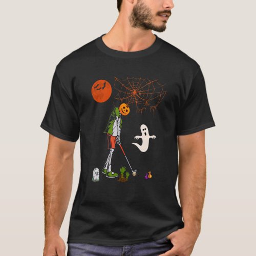 Skeleton Scary Pumpkins Playing Golf Halloween Pla T_Shirt