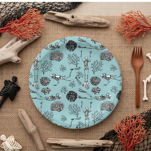 Skeleton Scuba Diver Paper Plates (Whimsical Skeleton Scuba Diver Paper Plates. Divers Swimming in Ocean Among Coral for Ocean Birthday)