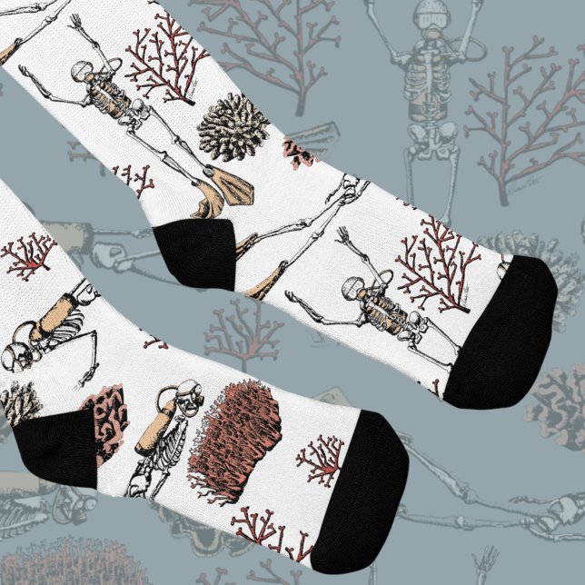 Skeleton Scuba Divers & Coral Socks (Hand Drawn Skeleton Scuba Divers in Black Ink. Skeletons Diving in Ocean with Red Coral Illustration)