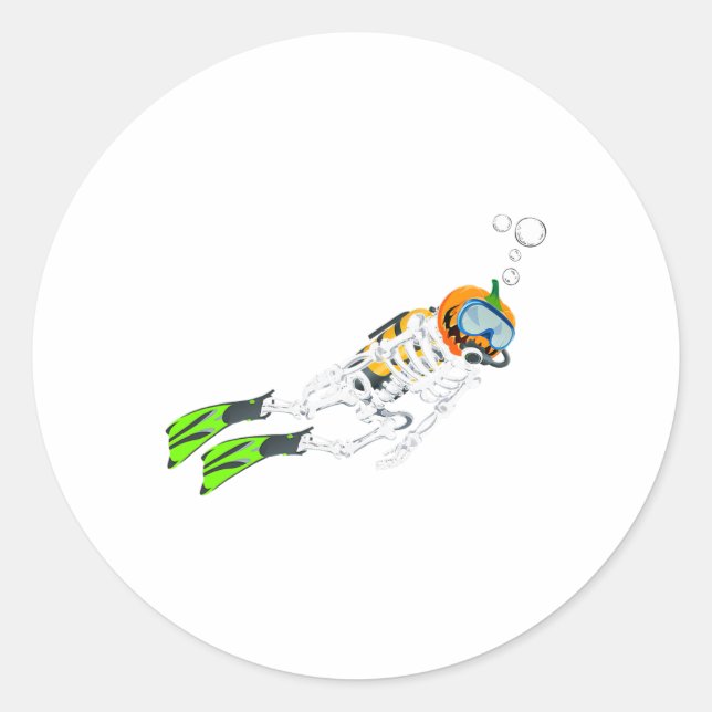 Skeleton Scuba Diving Halloween Pumpkin Diver  Classic Round Sticker (Front)