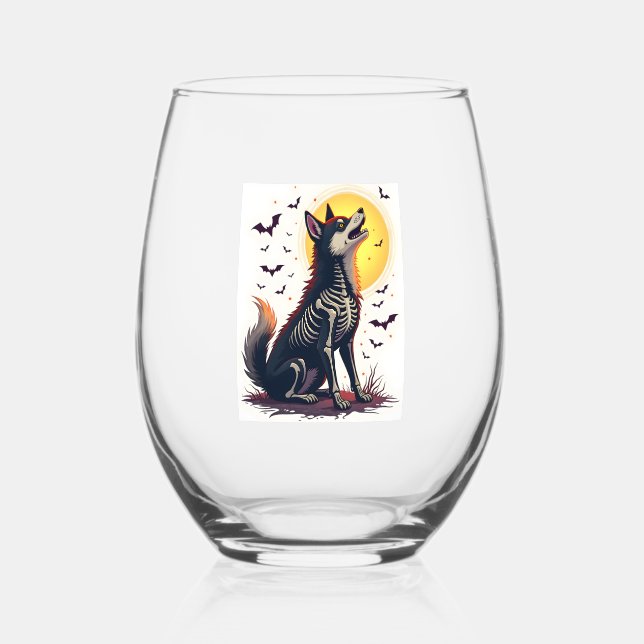 Skeleton Shiba Scream Stemless Wine Glass (Front)