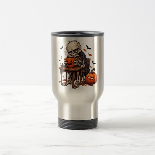 Skeleton Sipping Pumpkin Mug Halloween (Center)