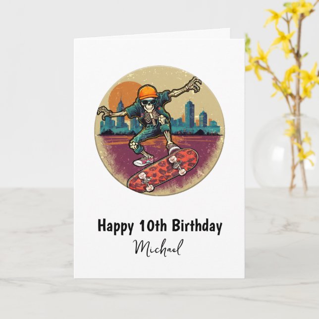 Skeleton Skateboard Happy Birthday Add Name Age Card (Yellow Flower)