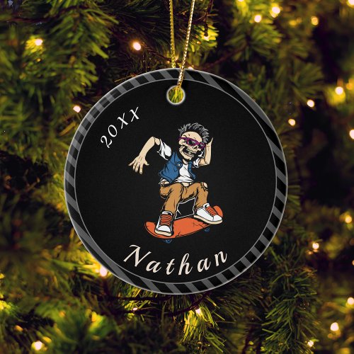 Skeleton Skateboarding Skater Name &amp; Year Striped Ceramic Ornament