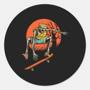 Skeleton Skater In Halloween With Skateboard Classic Round Sticker