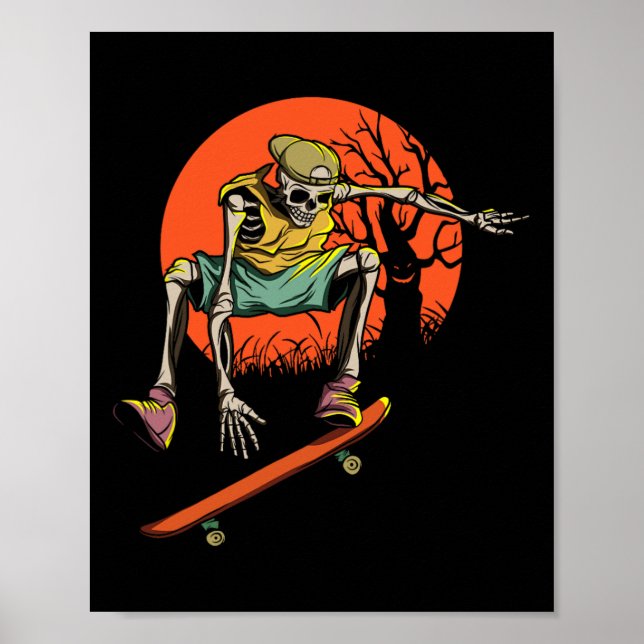 Skeleton Skater In Halloween With Skateboard  Poster (Front)