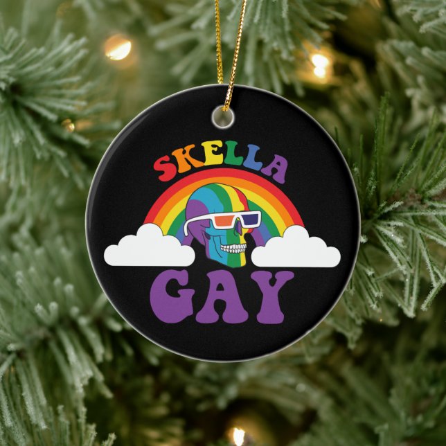 Skeleton Skella Gay Rainbow Pride Month Ceramic Ornament (Tree)