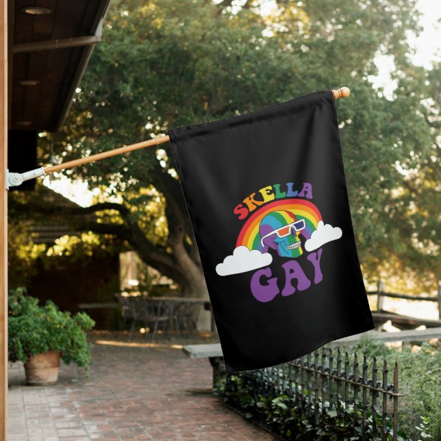 Skeleton Skella Gay Rainbow Pride Month House Flag (In SItu)