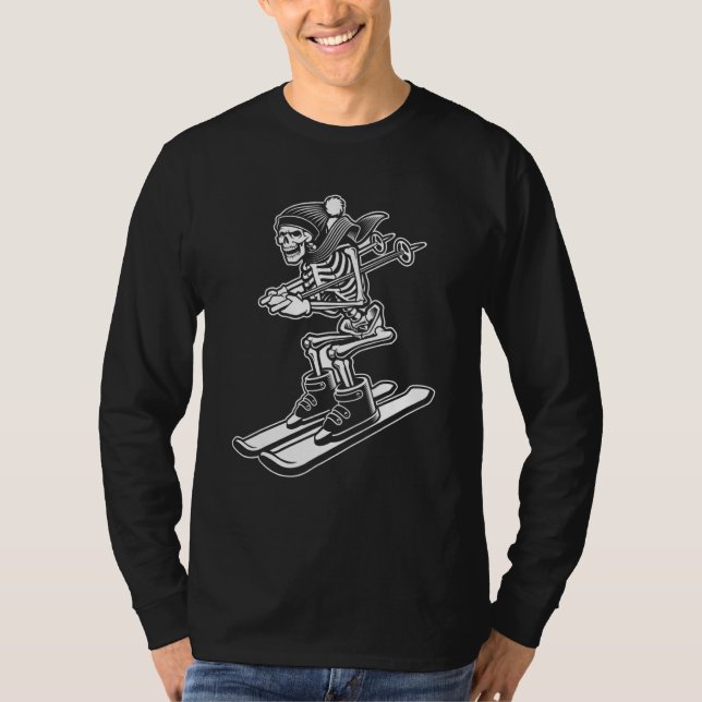 Skeleton Skiing Lazy Halloween Costume Cool Skull  T-Shirt (Front)