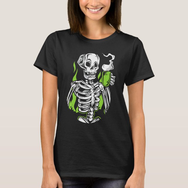 Skeleton Skull Alien Drinking Coffee T-Shirt (Front)